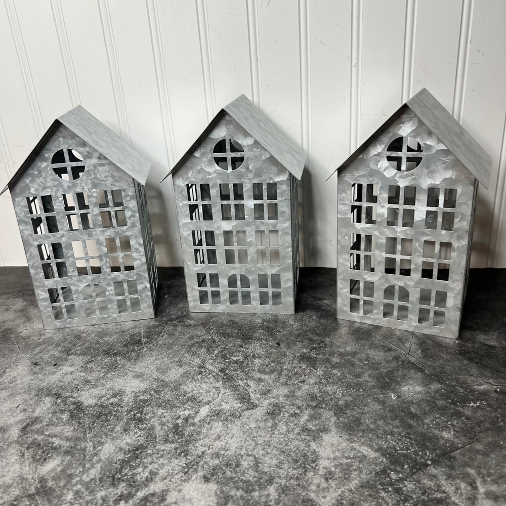 Galvanized Metal Tea Light Candle Holder Houses | Lot of 3 | Farmhouse | Holiday